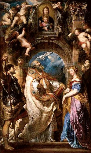 Saint Grégoire pape, entouré de saints et de saintes, vénérant l'image miraculeuse de la Vierge à l'Enfant, dite de Santa Maria in Vallicella